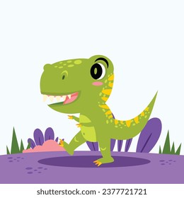 Little cute Dinosaur T-Rex green walking in purple land of jurassic, Wild Animal Vector Illustration for kid's story or T-Shirt