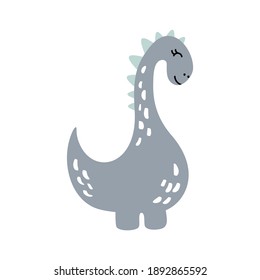 Little cute dinosaur. Vector scandinavian illustration for coloring drawing image cartoon. Kids dino image isolated on white. Baby monster reptile for print, book, poster, banner coloring.
