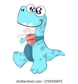 Little cute dinosaur is walking with coffee. Vector illustration