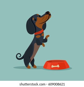 Little Cute Dog Character Mascot Want Eat And Demand Food From Owner. Vector Flat Cartoon Illustration