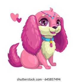 Little cute dog with long ears. Sitting puppy girl, vector girlish illustration. Isolated princess pet icon.