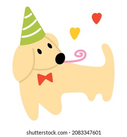 Little cute dog wearing birthday party costume. Vector illustration on white background. 