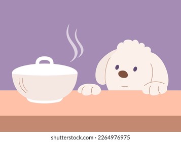 Little cute domestic dog. Looks at the table with an appetizing dish. Friendly funny pet. One puppy animal. Flat vector illustration