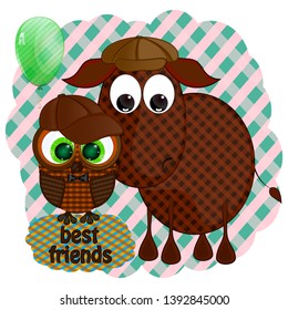 little cute donkey and owl vector illustration. cartoon vector illustration with donkey and owl. best friends owl and donkey vector illustration.