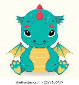 Little, cute dragon. Baby dragon sign of 2024. The dragon is green with a red crest. Vector illustration in cartoon style.