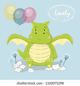 A little cute dragon with balloons. Postcard, vintage, cartoon.