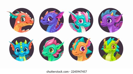 Little cute dragon faces set. Funny fantasy character portrait, round avatars, isolated colorful vector icons on white background.