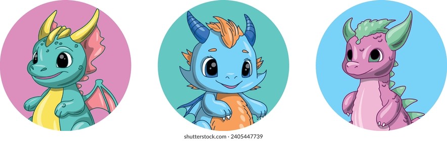 Little cute dragon faces set. Funny fantasy character portrait, round avatars, isolated colorful vector icons on white background.
