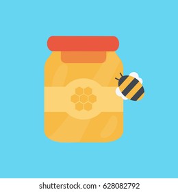 a little cute drawing & sweet bee icon vector with a transparent closed jar isolated of organic honey simple flat design style illustration  & animal with label symbol or sign. sweet food for New Year