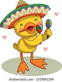Little cute duck playing the maracas isolated on white background, preschool play group