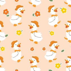 Little Cute Duck Seamless Pattern, Cartoon Vector, Tiny Flower