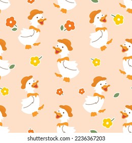 little cute duck seamless pattern, cartoon vector, tiny flower