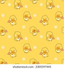 little cute duck seamless pattern, cartoon vector, tiny flower , yellow background