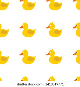 Little cute duck.  Yellow duck with white eye, orange beak, brown wing, tale, topknot, crest, without paws. Vector seamless pattern. Customized background.  