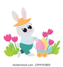 Little cute Easter bunny is carrying colored eggs in a cart. Great illustration in cartoon style for greeting cards and holiday design.