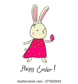 Little cute Easter bunny with an egg in the legs. Hand-made style. It can be used as greeting card or vector illustration.