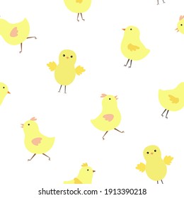 Little cute Easter chicken seamless pattern, funny yellow flat style cartoon character vector illustration, symbol of festive springtime period for textile, banner, Easter decor