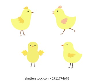 Little cute Easter chicken set, funny yellow flat style cartoon character vector illustration, symbol of festive springtime period clipart for cards, banner, Easter decor 