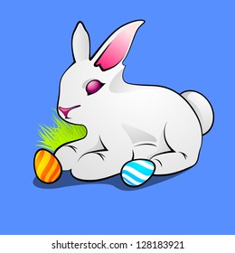 Little cute Easter rabbit with painted eggs on blue background.