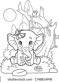 A little cute elephant cartoon that sits on grass, coloring book, funny illustration 