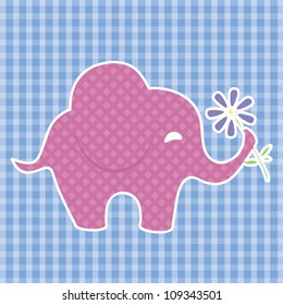 Little cute elephant holding a flower, vector illustration