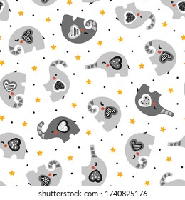 Little Cute Elephant Seamless Vector Pattern. Baby Elephant and Stars. Doodle Cartoon Animals Background for Kids. Children's wallpaper