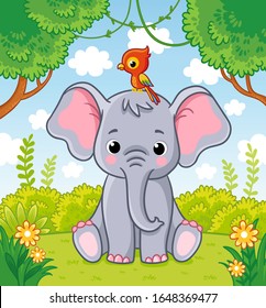 Little cute elephant sits in a clearing in the jungle with a parrot on his head. Vector illustration with animal on natures.