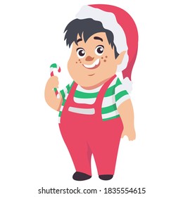 Little cute elf character isolated on white background. Christmas holiday vector cartoon illustration. Dwarf in elf costume.