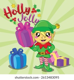 Little cute elf with gift present. Isolated