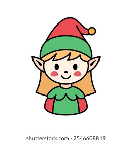 Little cute elf girl in cartoon style. Christmas elf isolated on white background. Vector illustration