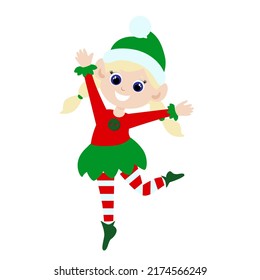 Little cute elf girl is jumping in delight. The child is dressed in an elf costume and she is happy. Cartoon vector illustration isolated on white background.