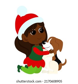 Little cute elf girl sits and hugs a dog. The girl is wearing red and green elf clothes. The child is happy and smiling.  Cartoon Christmas illustration isolated on white background.