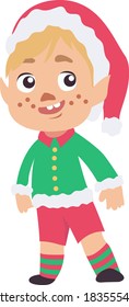 Un pequeño icono de elfo lindo aislado sobre fondo blanco. Ilustración de dibujos animados vectoriales de Navidad. Enano vestido de elfo.