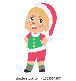 Little cute elf isolated on white background. Christmas vector cartoon illustration. Dwarf in elf costume.
