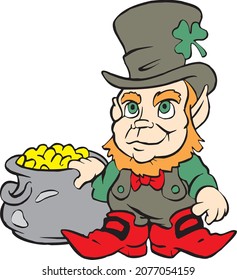 Little Cute Elf Leprechaun Boy Lucky Clover Creature with Pot of Gold Cartoon Character Mascot Vector