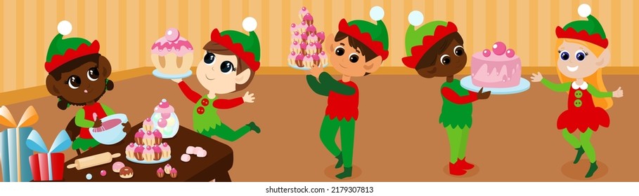Little cute elves are inside the house of Santa Claus and they are preparing Christmas sweets. Banner Christmas illustration. The children are happy and hold cupcakes and muffins and a cake.