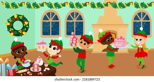 Little cute elves are inside the house of Santa Claus and they are preparing Christmas sweets. The children are happy and hold cupcakes and muffins and a cake in their hands. 