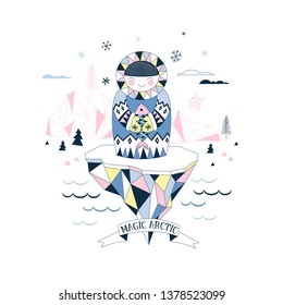 Little cute Eskimo with fish on iceberg. North Pole illustration in Scandinavian style. Antarctic nature isolated clip-art. Arctic ecosystem scene background. Into the wild themed print. Wanderlust