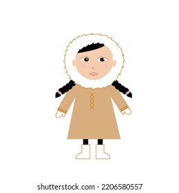 LITTLE CUTE ESKIMO GIRL IN BEIGE WINTER COAT VECTOR FLAT ILLUSTRATION ISOLATED ON WHITE