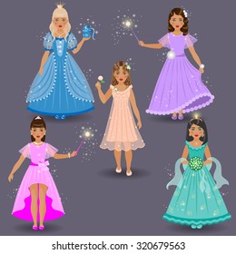 Little cute fairies and princesses in colored dresses on grey background. 