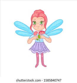 Little cute fairy with blue wings holding little red flowers. Fairy tale character in cartoon style isolated on white. Vector for nursery posters, prints, t-shirts, books for kids, etc. 
