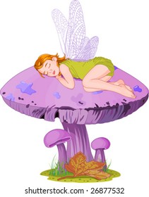 Little cute fairy elf sleeping on mushroom