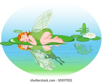 Little cute fairy elf sleeping on Water lily leaf.