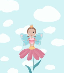 Little Cute Fairy Girl In The Tutu Skirt Smiling From The Daisy Flower. Good For Summer And Spring Postcards And Party Invitations