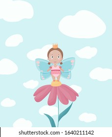 Little cute fairy girl in the tutu skirt smiling from the daisy flower. Good for summer and spring postcards and party invitations
