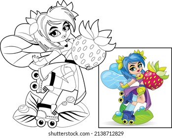 A little cute fairy girl with wings and a strawberry in her hands is rollerblading. Children's coloring book.