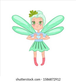 Little cute fairy with green hair and wings showing heart with her fingers. Fairy tale character in cartoon style isolated on white. Vector for nursery posters, prints, t-shirts, books for kids, etc. 