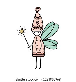 Little cute fairy. Nursery art, vector illustration. Can be used for poster and banner, children's book illustration, postcard, gift card, print for t-shirt, sticker, label and other. Isolated