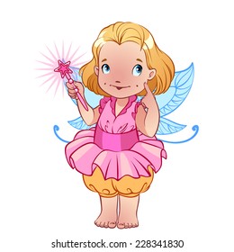 Little cute fairy in a pink dress with magic wand. Cartoon character. Vector clip-art illustration on a white background.