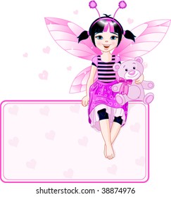 Little cute fairy sitting on place card. All objects are separate groups